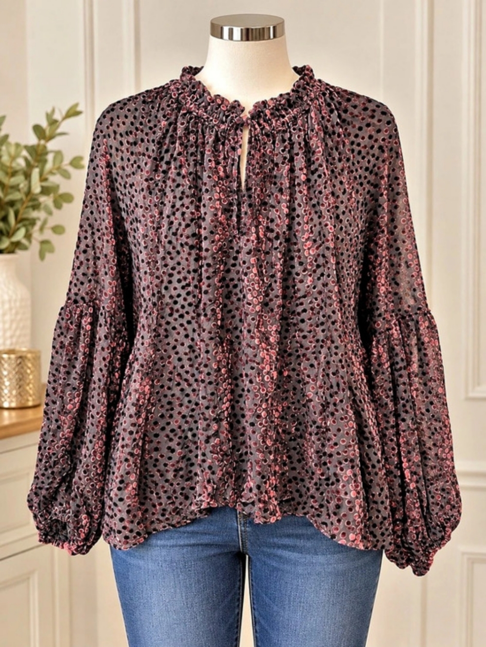 Polka Dot Balloon Sleeve Blouse in Black & Pink Like New